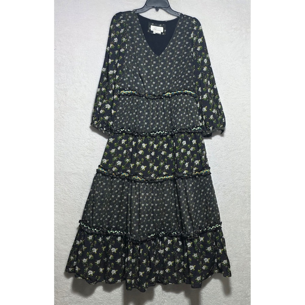 Anthropologie Floral Tiered Midi Dress V-Neck Long Sleeve Pockets Black Size 6